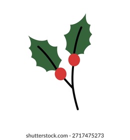 Simples Holly Sprig Com Berries Vermelhos. Natal Holly Sprig Ilustração. Festivo Holly Sprig