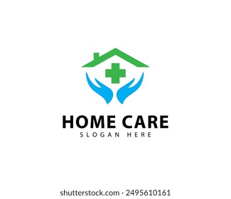 Simple Home Care Logo. Blue Geometric Silhouette Shape House Icon with Green Cross Plus Sign Combination isolated on White Background. Flat Vector Logo Design Template Element.