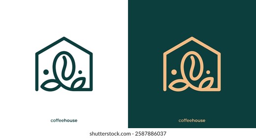 Simple Home Coffee Logo. Coffee Beans, House and Leaf Graphic Icons. Coffee Shop Logo Design Template.