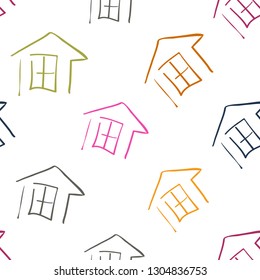 Simple home icon. Hand drawn colorful line icon seamless pattern on white background. Doodle brush, pen, marker illustration.