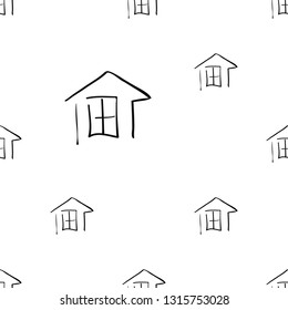 Simple home icon. Hand drawn black line icon seamless pattern on white background. Doodle brush, pen, marker illustration.