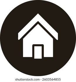 Simple home icon in white on black circular background, minimalist house symbol vector design