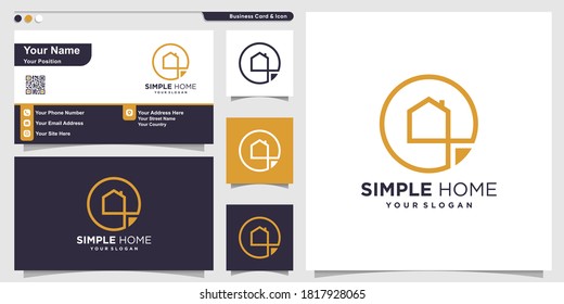 Simple home logo with line art style and business card design template, home, circle, simple, Premium Vector