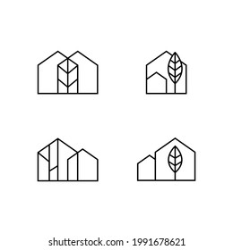 Simple home and nature line icon set. Nature house logo minimal style.