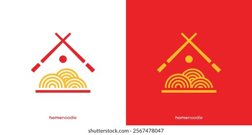 Simple Home Noodle Logo. Home, House and Noodle Chopstick Icon Graphic. Restaurant Food Logo Design Template.