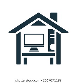 Ícone simples de escritório doméstico representando o trabalho em casa, com computador e mesa dentro de casa