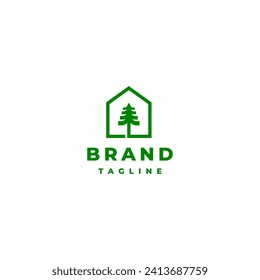 Simple Home Pine Tree Logo Design. Simple Line Pine Tree Inside the House Logo Design.