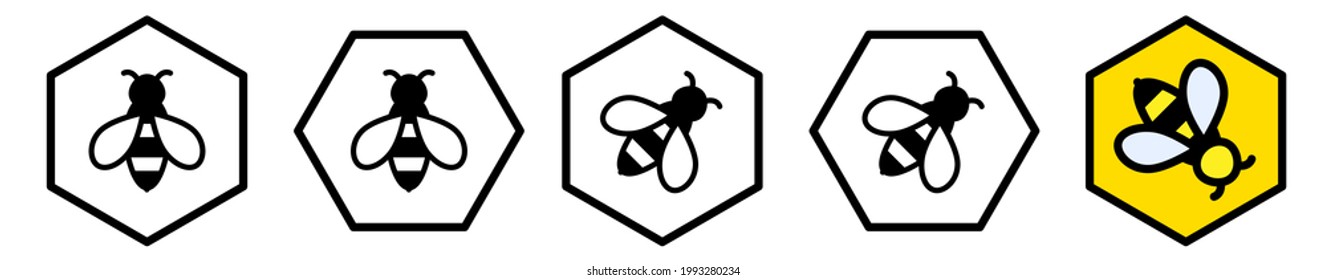 Simple honey bee icon inside hexagon, multiple version