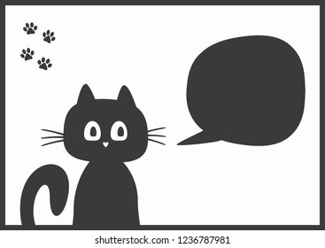 Simple horizontal background with frame, funny kitten, speech bubble and cat paws print. Vector illustration for kids.