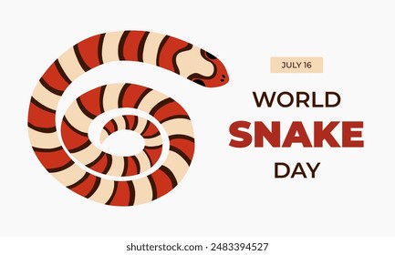 Simple horizontal banner for World Snake Day at 16th of July with rolled elapidae snake, typography. Holiday template for website, poster, background to raise awareness about importance of snakes.