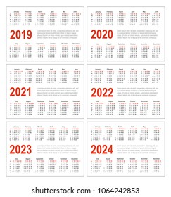 Simple horizontal calendar for 2019, 2020, 2021, 2022, 2023 and 2024 years. Pocket calendars. Week starts from Sunday