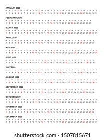 Plantilla de calendario horizontal simple 2020, ilustración vectorial.