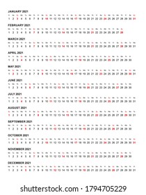 Simple horizontal calendar template year 2021, vector illustration.