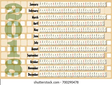 Simple horizontal calendar in unusual design. Retro beige background, Months in horizontal stripes, minimalist design with simply shapes on beige background, vector EPS 10