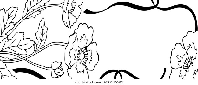 Quadro de flor horizontal simples, ilustração desenhada à mão, quadro de desenho de linha