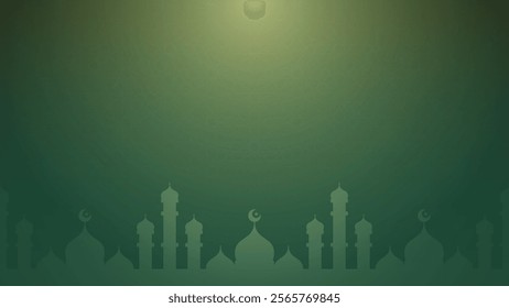 Simple Horizontal Green Gradient Islamic Background with Mosque Silhoette Design and Subtle Geometric Stars Like Patterns