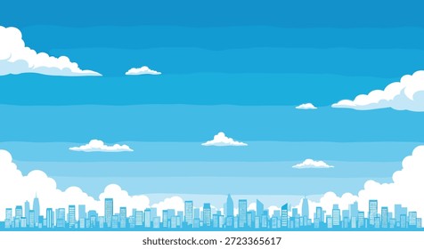 Simple horizontal illustration of a modern city skyline silhouette with various buildings under a bright blue cloudy sky.