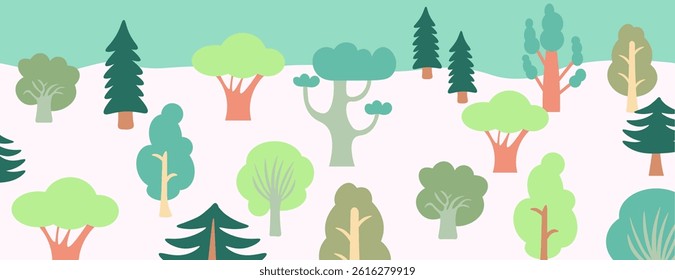 simple horizontal landscape with linear trees in doodle style. Template for background, wallpaper, banner, backdrop, decoration