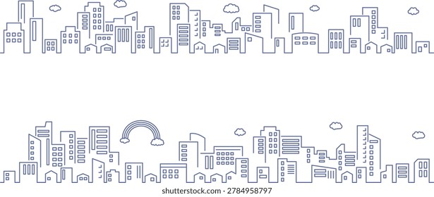 A simple, horizontal line drawing of a city with rows of buildings.