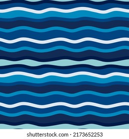 Simple horizontal stripes seamless pattern. Nawy blue backdrop. Abstract wavy line endless wallpaper. Hand drawn waves background. Simple design for fabric, textile print, wrapping, cover.