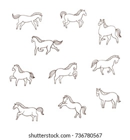 simple horse animals doodle illustration line set.