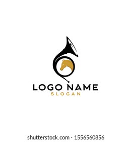 Simple horse head logo with trumpet as music tool icon vector. circus and music event, show, performance, silhouette design. unique concept. vintage modern look. web, poster, apps, banner, flyer, art