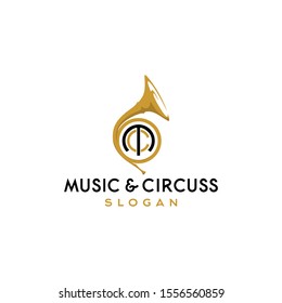 Simple horse head logo with trumpet as music tool icon vector. circus and music event, show, performance, silhouette design. unique concept. vintage modern look. web, poster, apps, banner, flyer, art