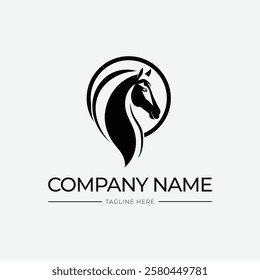 Simple horse logo design template in black and white and circle elements