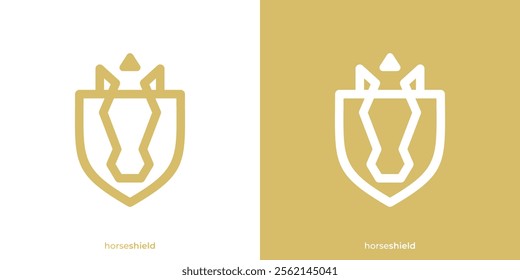 Simple Horse Shield Logo Design. King Queen Horse and Shield Icon Graphic. Horse Head Logo Design Template.