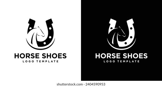 Simple Horse Shoes Logo. Negative Space Horse in Horseshoe Logo Design Template.