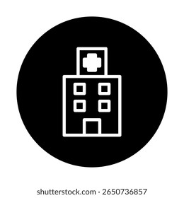 Simple hospital building icon design emphasizing healthcare services and architectural representation within a clean black circular background image