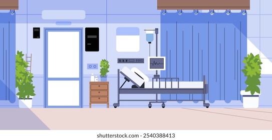 Simple hospital room with bed on wheels and curtain partition. Simple medical interior illustration