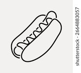 Simple hot dog icon. Hot dog with bun and wavy line, representing mustard. Minimalist hot dog design. Perfect for hot dog stand logos or menus. Food illustration vector.