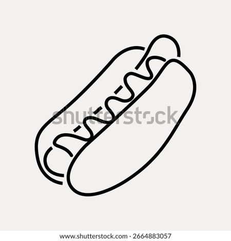 Simple hot dog icon. Hot dog with bun and wavy line, representing mustard. Minimalist hot dog design. Perfect for hot dog stand logos or menus. Food illustration vector.