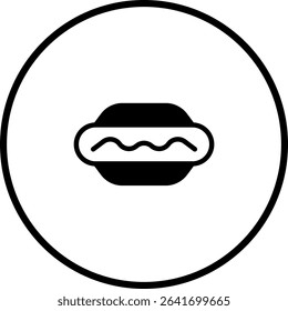 A simple hot dog icon with condiment inside a circle line frame design