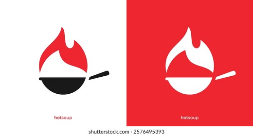 Simple Hot Soup Logo. Fire and Pan Laddle Graphic Icons. Fire Food Logo Design Template.