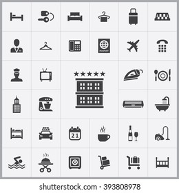 Simple hotel icons set. Universal hotel icon to use for web and mobile UI, set of basic hotel elements 