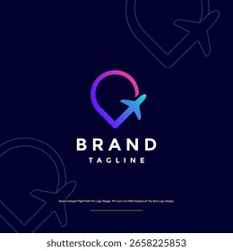 Design de logotipo simples com pinos de trajetória de voo em hotspots. Fixe A Linha De Ícones Com O Avião No Design Do Logotipo Final.