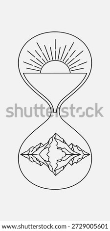 Simple hourglass with sun and mountains, symbolizing time passage and nature.