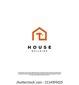 línea de diseño del logotipo del edificio de viviendas sencillas. concepto de casa con logotipo de martillo