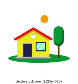 Un edificio de casa simple con una puerta y una ventana con vistas al frente junto al teléfono y bajo la luz del sol. 