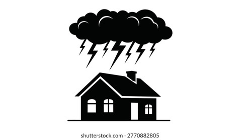 A simple house with a chimney is struck by lightning during a storm silhouette