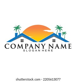 Simple House With Coconut Tree And Sunset Vector Logo