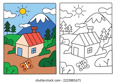 Einfaches Haus im Grünen mit schöner Landschaftsfärberseite für Kinder, die Bildung zeichnen. Einfache Cartoon-Illustration zum Thema Fantasie für das Farbbuch