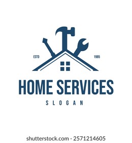 Simple House Design with Carpentry Tools Hammer Screwdriver and Screwdriver Home Repair Services Logo.