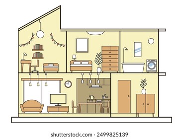 Simple house, detached house, cross-section illustration, 2 floors, white background.