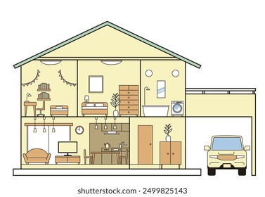 Simple house, detached house, cross-section illustration, 2 floors, white background. Parking lot and car.