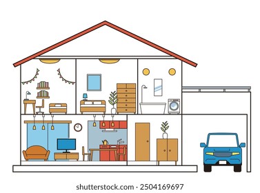 Simple house, detached house, cross-section illustration, 2 floors, white background. Parking lot and car.