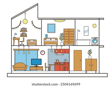 Simple house, detached house, cross-section illustration, 2 floors, white background.