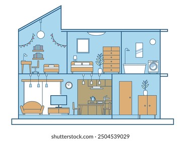 Simple house, detached house, cross-section illustration, 2 floors, white background.